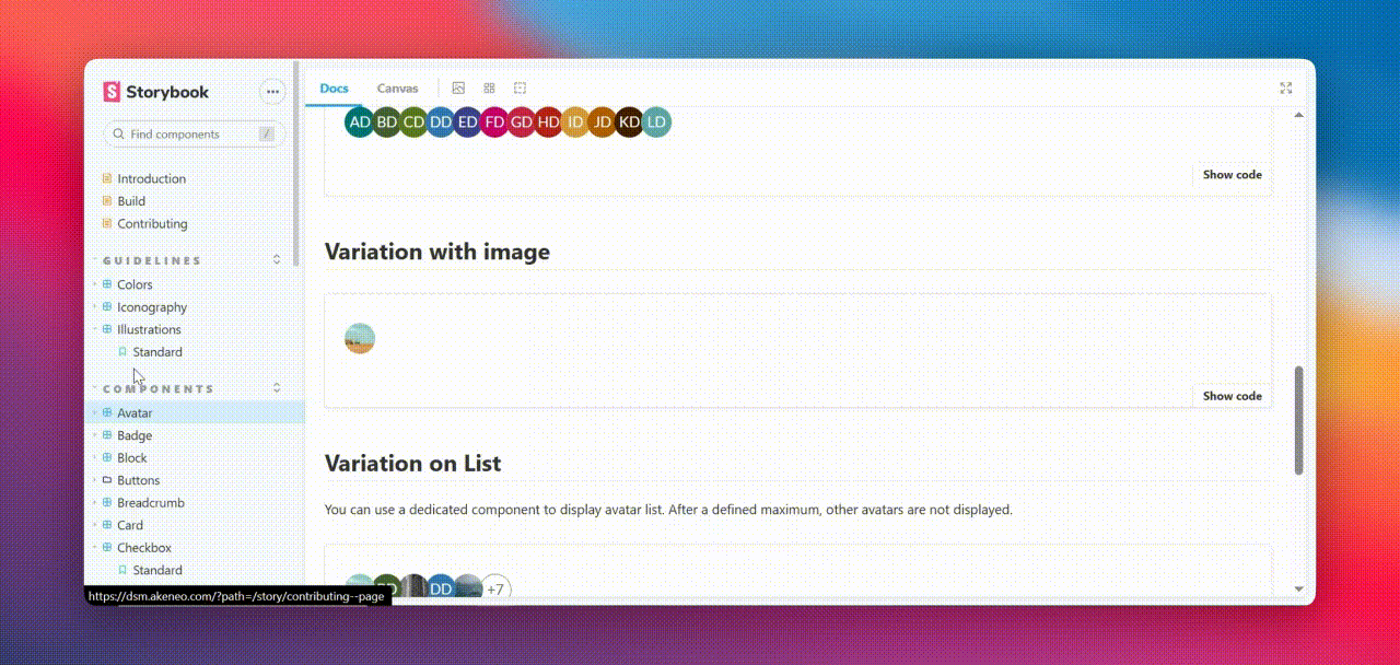 Short walkthrough of the Storybook documentation and component controls