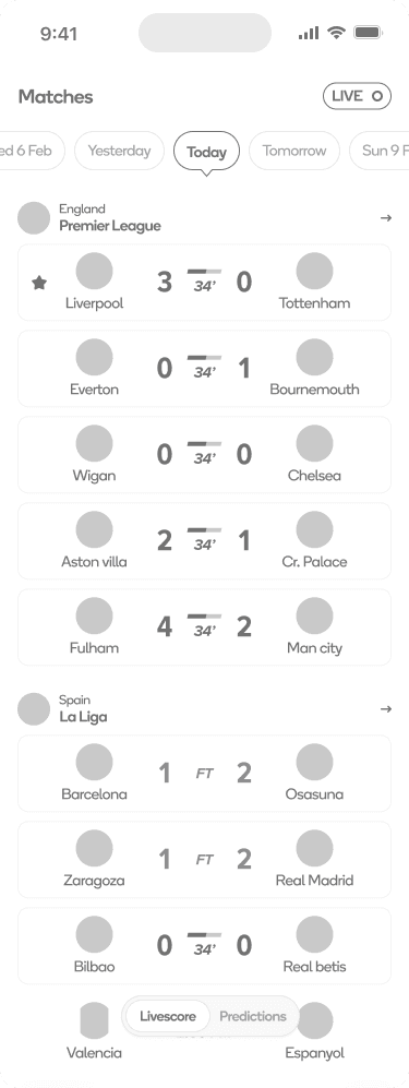 Livescore Home Wireframe