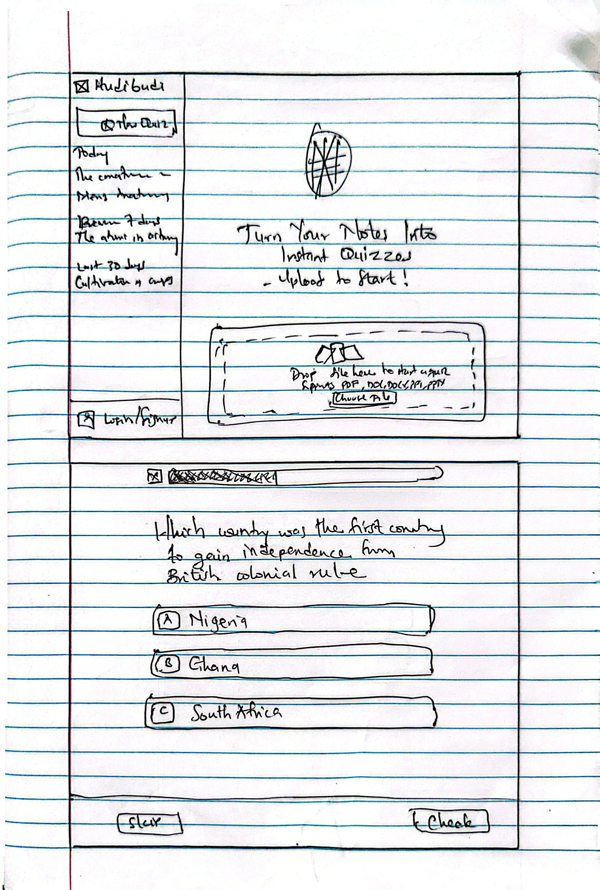Dashboard and quiz question wireframe