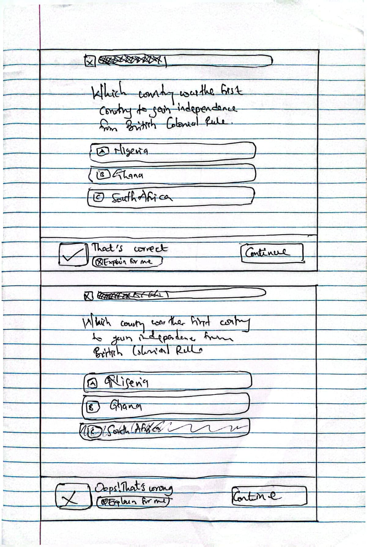 Correct and wrong answer feedback wireframe